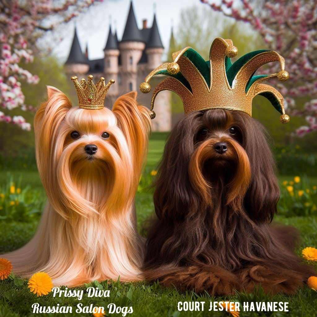 Court Jester Havanese Puppies and Prissy Diva Russian Salon Dogs Logo